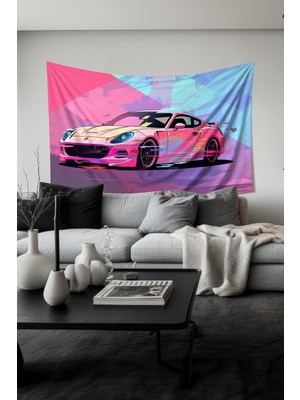 Pembe Spor Araba Desenli Duvar Halısı Duvar Örtüsü Tapestry Süet Dokulu Kumaş