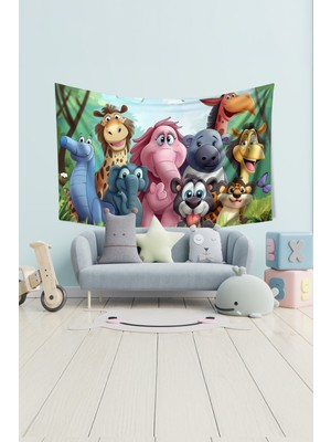 Neşeli Hayvanlar Desenli Duvar Halısı Duvar Örtüsü Çocuk Odası Tapestry Süet Dokulu Kumaş
