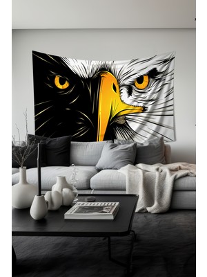 Siyah Beyaz Kartal Desenli Duvar Halısı Duvar Örtüsü Tapestry Süet Dokulu Kumaş
