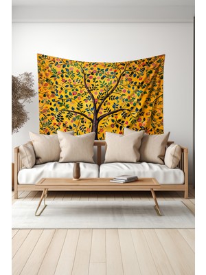 Sarı Çiçekli Ağaç Desenli Duvar Halısı Duvar Örtüsü Tapestry Süet Dokulu Kumaş