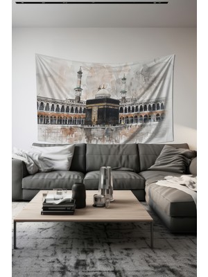 Kutsal Topraklar Kabe Desenli Duvar Halısı Duvar Örtüsü Tapestry Süet Dokulu Kumaş