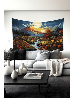 Pastel Dağ Manzarası Desenli Duvar Halısı Duvar Örtüsü Tapestry Süet Dokulu Kumaş
