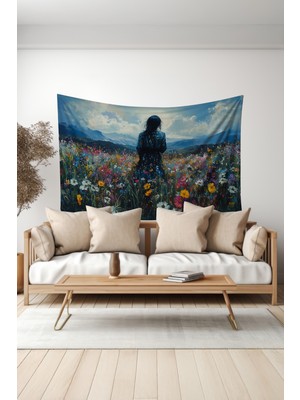 Çiçek Tarlasındaki Yalnızlık Desenli Duvar Halısı Duvar Örtüsü Tapestry Süet Dokulu Kumaş