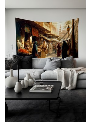 Osmanlı Pazarı Desenli Duvar Halısı Duvar Örtüsü Tapestry Süet Dokulu Kumaş