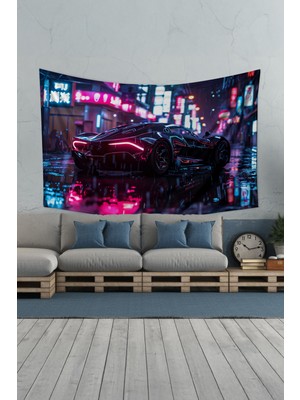 Neon Araba Desenli Duvar Halısı Duvar Örtüsü Tapestry Süet Dokulu Kumaş