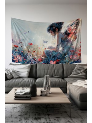 Peri Bahçesi Desenli Duvar Halısı Duvar Örtüsü Tapestry Süet Dokulu Kumaş