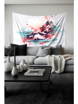 Japon Dağı Desenli Duvar Halısı Duvar Örtüsü Tapestry Süet Dokulu Kumaş