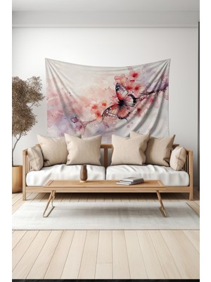 Çiçek Dalı ve Kelebek Desenli Duvar Halısı Duvar Örtüsü Tapestry Süet Dokulu Kumaş