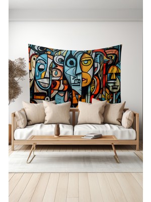 Renkli Yüzler Desenli Duvar Halısı Duvar Örtüsü Tapestry Süet Dokulu Kumaş