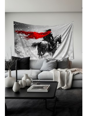 Pelerinli Savaşçı Desenli Duvar Halısı Duvar Örtüsü Tapestry Süet Dokulu Kumaş