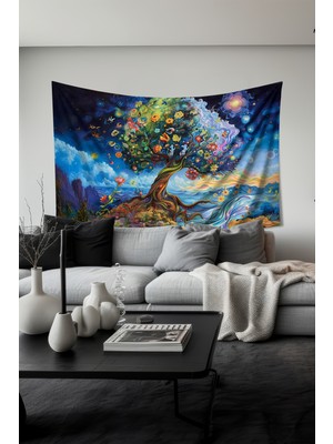 Kozmik Yaşam Ağacı Desenli Duvar Halısı Duvar Örtüsü Tapestry Süet Dokulu Kumaş