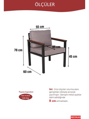 Neokas Bahce Mobilyası, Modern Balkon Mobilyası, Kafe Oturma Takımı, Teras Koltugu, 1+1+M