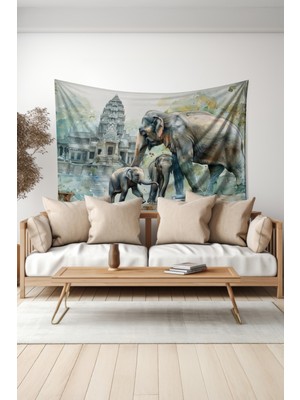 Fil Ailesi ve Tapınak Desenli Duvar Halısı Duvar Örtüsü Tapestry Süet Dokulu Kumaş