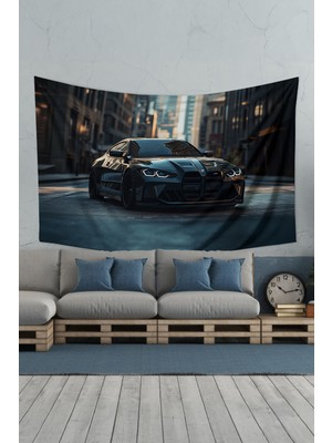 Siyah Spor Araba Desenli Duvar Halısı Duvar Örtüsü Tapestry Süet Dokulu Kumaş