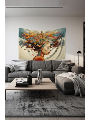 Renkli Kadın Silüet Desenli Duvar Halısı Duvar Örtüsü Tapestry Süet Dokulu Kumaş