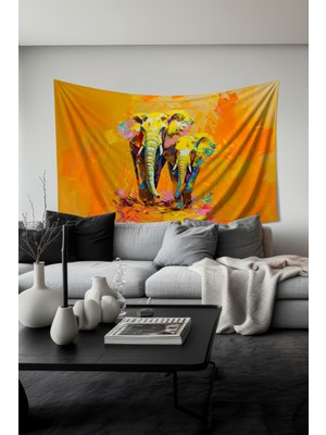 Sarı Filler Desenli Duvar Halısı Duvar Örtüsü Tapestry Süet Dokulu Kumaş
