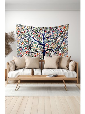 Beyaz Çiçekli Ağaç Desenli Duvar Halısı Duvar Örtüsü Tapestry Süet Dokulu Kumaş