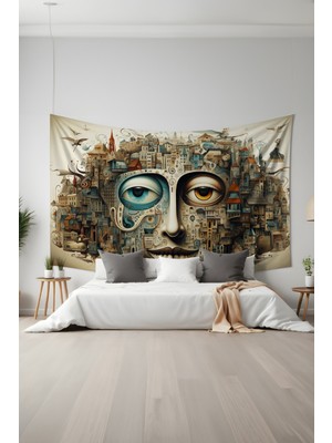 Sürreal Yüz Desenli Duvar Halısı Duvar Örtüsü Tapestry Süet Dokulu Kumaş