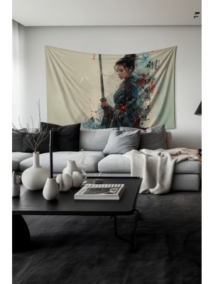 Samuray Kadın Desenli Duvar Halısı Duvar Örtüsü Tapestry Süet Dokulu Kumaş