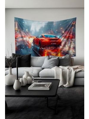 Kırmızı Spor Araba Desenli Duvar Halısı Duvar Örtüsü Tapestry Süet Dokulu Kumaş
