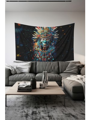 Renkli Kızılderili Desenli Duvar Halısı Duvar Örtüsü Tapestry Süet Dokulu Kumaş