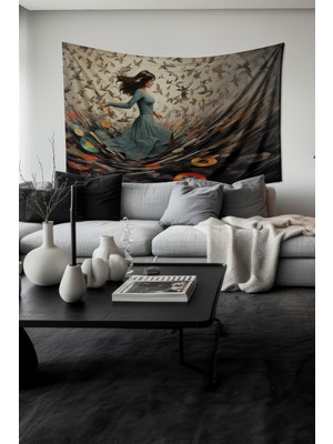 Müzik ve Kuşlar Desenli Duvar Halısı Duvar Örtüsü Tapestry Süet Dokulu Kumaş
