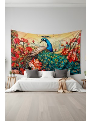 Tavus Kuşu Desenli Duvar Halısı Duvar Örtüsü Tapestry Süet Dokulu Kumaş