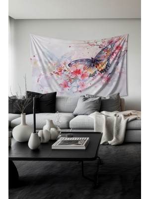 Pembe Çiçek ve Kelebek Desenli Duvar Halısı Duvar Örtüsü Tapestry Süet Dokulu Kumaş