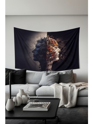 Yin Yang Yüzler Desenli Duvar Halısı Duvar Örtüsü Tapestry Süet Dokulu Kumaş