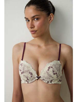 Penti Bej Wow Çiçekli Dantelli Push Up Sütyen