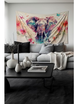 Renkli Fil ve Çiçekler Desenli Duvar Halısı Duvar Örtüsü Tapestry Süet Dokulu Kumaş