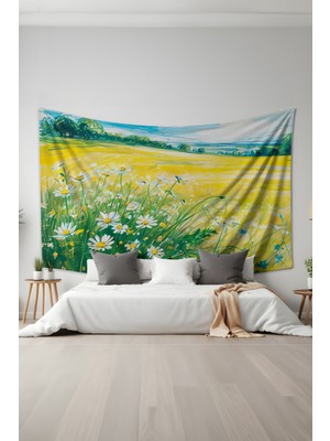 Papatya Tarlası Desenli Duvar Halısı Duvar Örtüsü Tapestry Süet Dokulu Kumaş