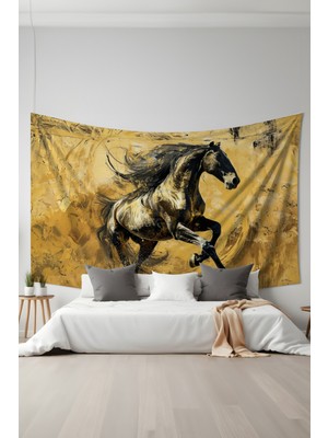Altın At Desenli Duvar Halısı Duvar Örtüsü Tapestry Süet Dokulu Kumaş