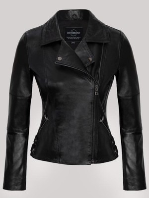 Hakiki Deri Siyah Bel Işlemeli Yandan Fermuarlı Kadın Deri Ceket