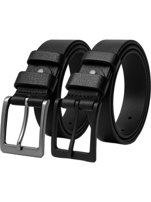 2 Adet 100 % Hakiki Deri Siyah Erkek Kumaş Kemer 3.4 cm