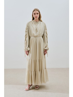 Uzun Büzgülü Şifon Elbise Adaçayı