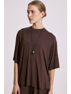 Dökümlü Kısa Kollu Bluz Kahverengi