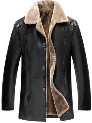 Hakiki Deri Içi Kürklü Düğmeli Yandan Cepli Erkek Deri Ceket