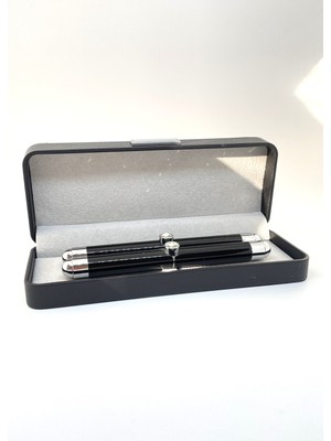 Işıltılı Taş Detaylı Siyah Roller ve Dolma Kalem Seti - Şık Hediye Kutulu