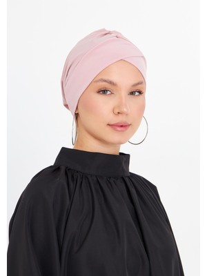 Hürrem Bone Pudra Pratik Hazır Geçmeli Tesettür Bone Sandy Kumaş Çapraz Büzgülü 1801_06