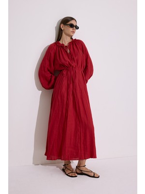 Yakası Büzgülü Keten Geniş Elbise Kırmızı