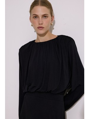 Dökümlü Balon Form Bluz Siyah