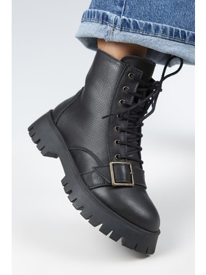 Manijero (Mihri) Kadın Hakiki Deri Bağcıklı Içten Fermuarlı Üstten Tokalı Siyah Bot