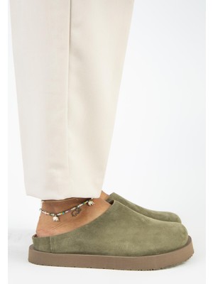 Manijero (Jana) Kadın Hakiki Deri Düz Platform Haki Terlik Konforlu Kullanım İçin Tasarlandı