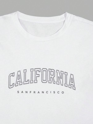 %100 Pamuk Beyaz California Baskılı Erkek T-Shirt