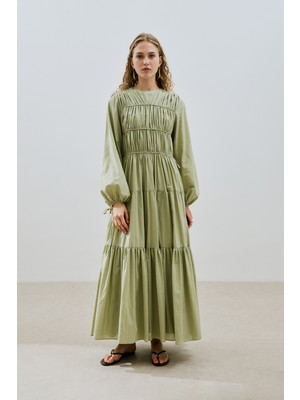 Büzgülü  Uzun Kol Elbise Çağla