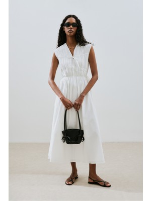 Büzgülü Bağlama Detaylı Elbise Ekru