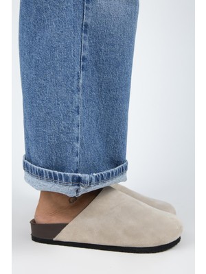 Manijero Ruzqahi Kadın Deri Hakiki Deri Düz Sabo Bej Terlik