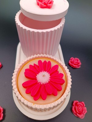 Byr Dekoratif Kiremit Rengi Kırmızı Papatyalı Mum + Tepsi + Vazo 3D