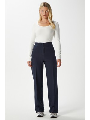 Kadın Glen Tok Dokulu Filetolu Kancalı Lacivert Palazzo Pantolon 2001
